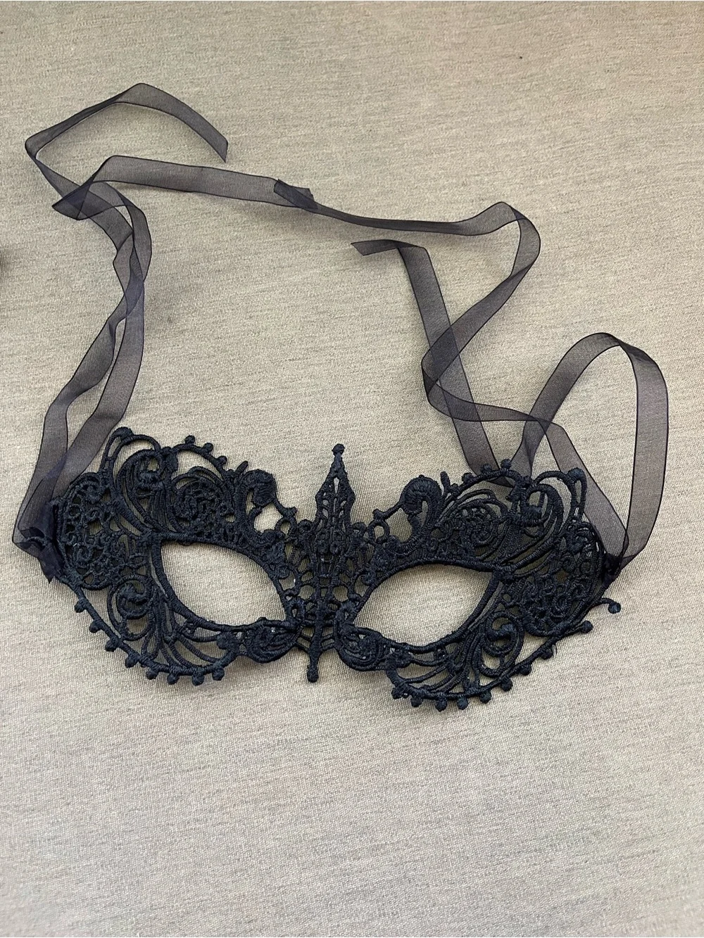 Black Lace Venetian Eye Mask with Sheer Ribbon Ties